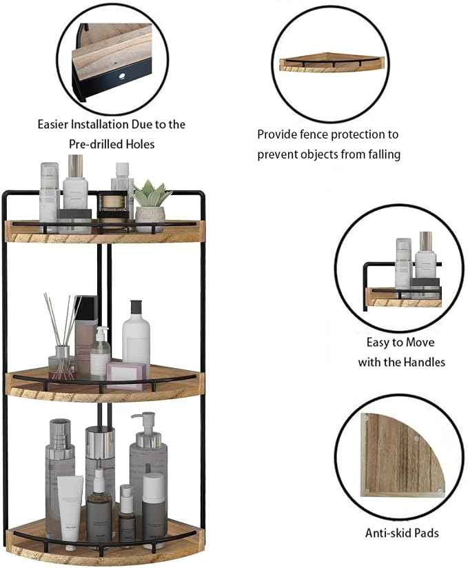 Dorhors Corner Bathroom Organizer Countertop,Vanity Counter Storage Shelf | 3 Tier Rustic Brown Stand Rack Holder for Kitchen,Dresser,Restroom,Wood Bathroom Sink Tray for Makeup,Perfume,Skincare,Lotion
