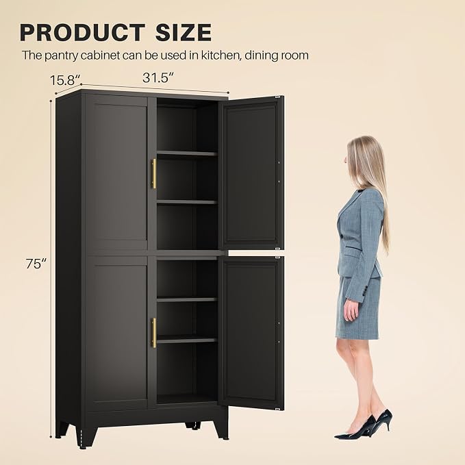 winiowa 75" Tall Kitchen Pantry Cabinet, Metal Storage Cabinet with Doors and Adjustable Shelves, Black Freestanding Pantry Cabinet for Kitchen, Dining Room, Living Room, Laundry Room, Bathroom