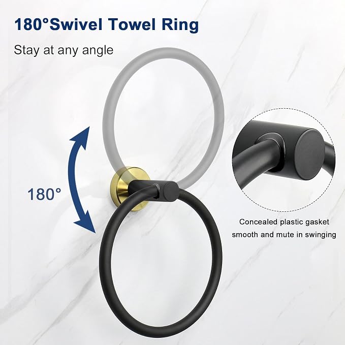 NearMoon Bath Towel Ring, Bathroom Hardware Accessories-Thicken Stainless Steel Hand Towel Holder for Bathroom, Modern Round Towel Hanger Wall Mounted (Black and Gold, 1 Pack)