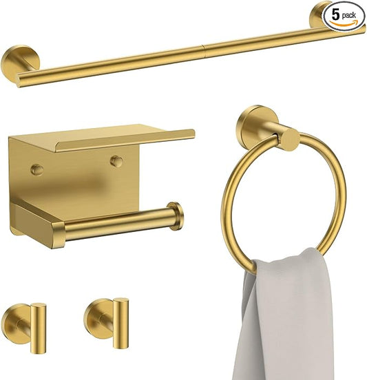 FORIOUS Bathroom Accessories, 5-Piece Bathroom Hardware Set - 24" Towel Bar | Brushed Gold | Towel Hooks, Towel Racks for Bathroom, Toilet Paper Holder With Shelf & Towel Ring | SUS304 Stainless Steel