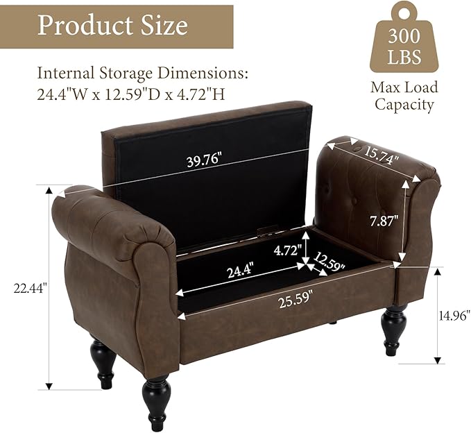 Storage Bench with Arms End of Bed Bench,Pu Leather Entryway Bench with Storage, Button Tufted Upholstered Ottoman Bench Wood Legs, Window Sitting Bench for Bedroom/Living Room/Hallway, Brown