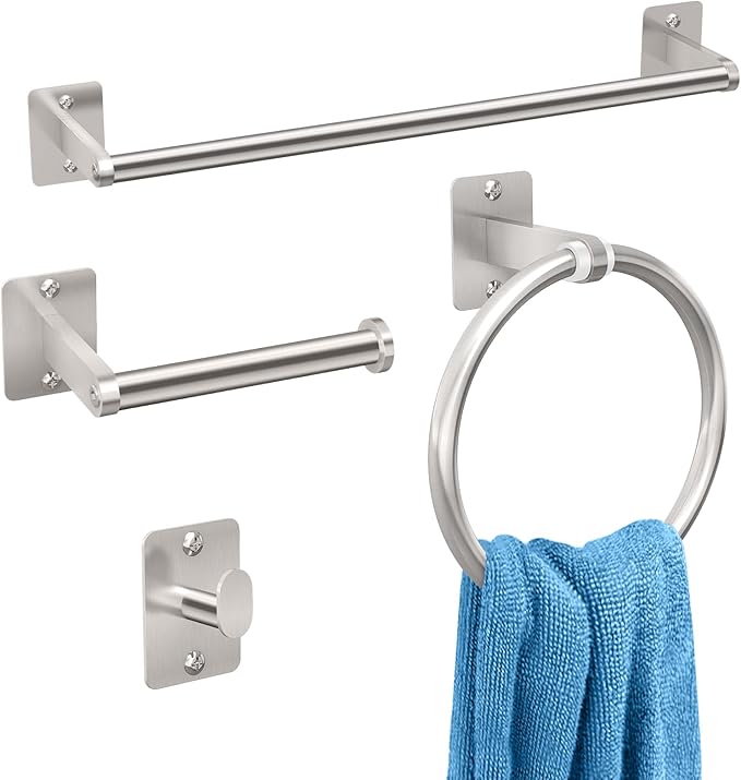 KLJKPA Brushed Nickel Bathroom Accessories Set, 4 PCS Bathroom Hardware Set | 16 inch Towel Bar, Towel Racks for Bathroom, Robe Towel Hooks, Toilet Paper Holder Wall Mounted