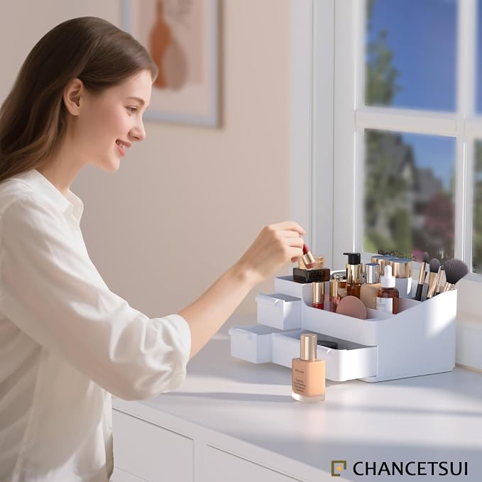 Makeup Organizer Countertop for Vanity: Dresser Bathroom Cosmetic Storage | Minimalistic Small White Aesthetic Desk Storage with Drawers for Counter