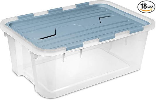 Sterilite 18 Pack Hinged Lid Storage Box, 40 Qt Plastic Container, Washed Blue - Home Organizer Tote for Storing Shoes, Crafts, Clothing, or Decor