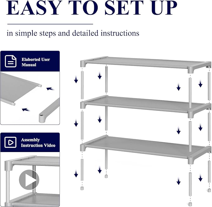 Kitsure Shoe Rack - Non-Woven Shoe Rack Shelf, Shoe Organizer for Closet, Entryway, Garage & Corridor, Stackable Shoe Shelves, 27.5" Wide - 3 Tier, Grey | Shoe Organizer for Closet, Entryway, Garage, Stackable Shoe Shelves, college dorm&apartment essen...