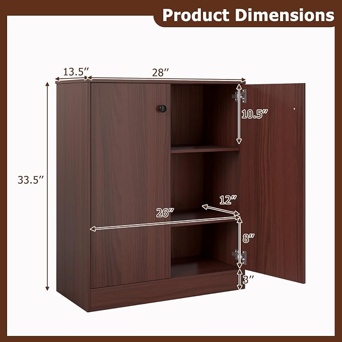 Giantex 2 Door Storage Base Cabinet (Brown) | 3-Tier Base Cabinet with Non-Slip Foot Pads, Kitchen Cupboard Storage Organizer for Living Room, Hallway, Entryway, Office