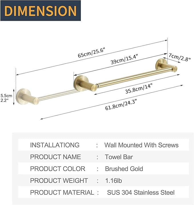 Adjustable Towel Bar Towel Racks for Bathroom Rod Wall Mounted Gold | Adjust 15" to 26" Rustproof, Stainless Steel Towel Holder, Wall Mounted for Bathroom Accessories, Heavy Duty, Space Saving