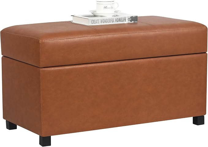 32" Leather Storage Ottoman Bench, Rectangle Foot Rest Stool for Living Room, Bedroom, Entryway, Cognac Brown