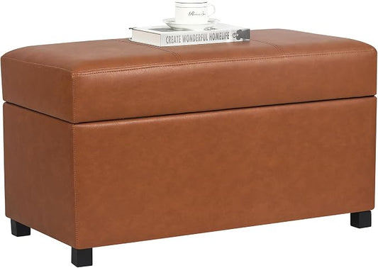 32" Leather Storage Ottoman Bench, Rectangle Foot Rest Stool for Living Room, Bedroom, Entryway, Cognac Brown