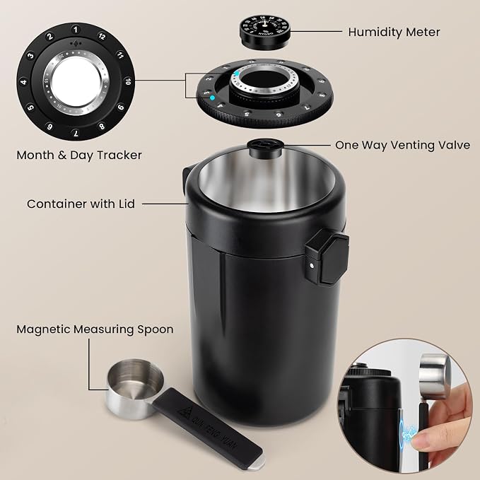 Coffee Canister with Humidity Meter, Airtight Stainless Steel Food Storage Container with Lids,Date Tracker,Venting Valve and Magnetic Scoop for Grounds Coffee,Beans,Tea,Flour,Cereal,Jars,16OZ,Black