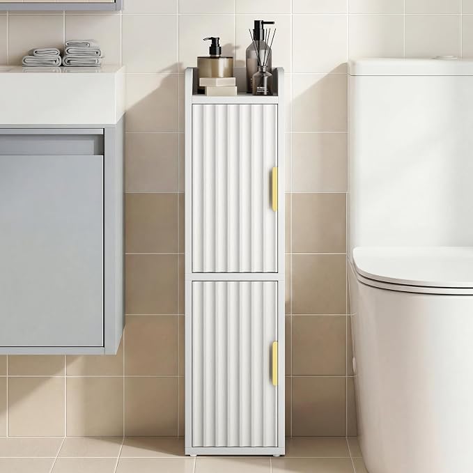 Yoobure Small Bathroom Storage Cabinet - Corner Floor Cabinet with 2 Doors & Adjustable Shelves, Narrow Slim Toilet Paper Cabinets, Skinny Bathroom Organizer for Small Space, 7.9" D x 7.9" W, White