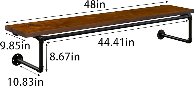 Clothes Rack 48in, Wall Mounted Garment Racks with Real Walnut Wood Shelf, Heavy Duty Hanging Clothes Rack, Multi-Purpose Hanging Rod, Space-Saving Closet Storage