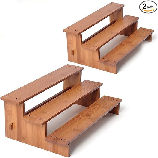 JinDoWin 2 Pack Spice Rack Organizer for Cabinets,Countertop & Pantries | 3-Tier stepped design for clear visibility & easy access,Dark Bamboo Seasoning Organizer,Kitchen Cabinet Organizer