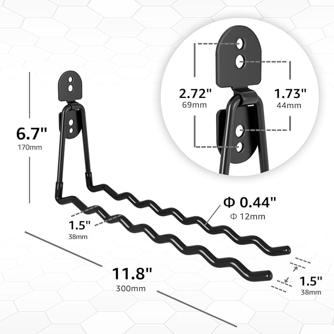 COCOYA Garage Hooks 11.8" Long with 2 Extension Storage Straps (4 Pack) | Interlocking Design, Wave-Shaped, Heavy Duty, Hanging Ladder Shovel Bike Garden Tool, For Shed Yard Garage, Black