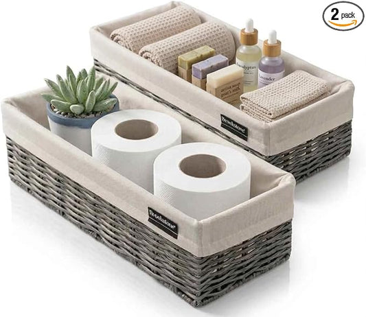 Brookstone Over the Toilet Tank Wicker Storage Basket, Bathroom and Closet Organizers and Storage Bins with Fabric Liner, Grey, 2 Pack Set