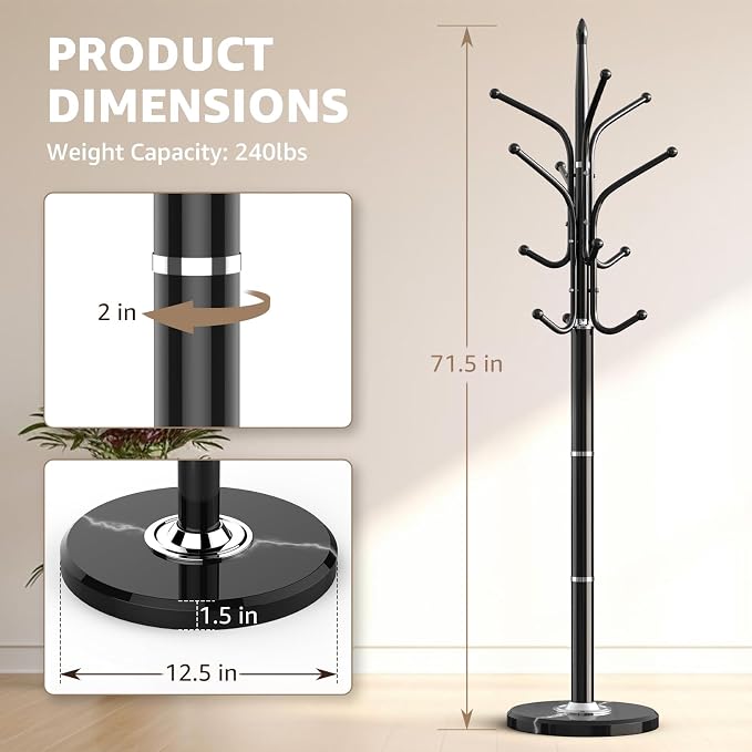 HzTinT Heavy Duty Coat Rack with Marble Base, 12 Hooks, Adjustable Heights | Freestanding Coat Tree, Metal Coat Stand, For Coats, Bags & Hats in Entryway, Black