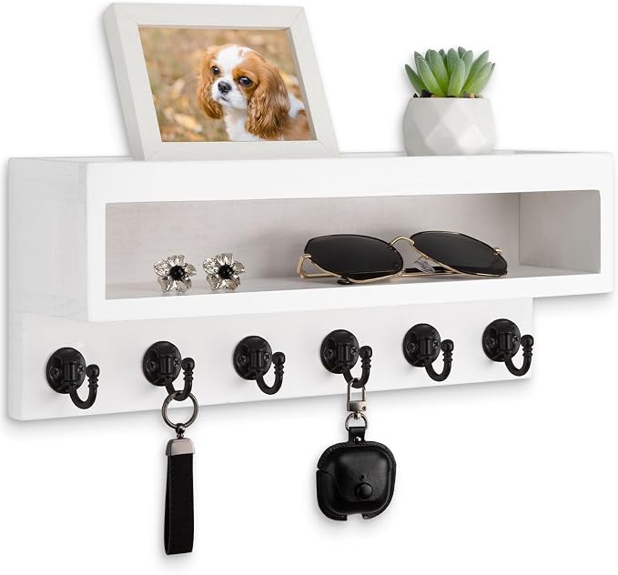 Key and Mail Holder Wall Mount, Key Hanger with Long Storage Box and 6 Hooks for Coat, Dog Leash, Home Decor Rack, House Accessories, Entry Way Organizer (White)