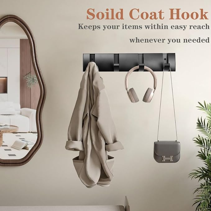 Folding Coat Hooks, Wall Mounted Coat Rack with 8 Retractable Hooks, Heavy Duty Towel Rack for Bathroom Wall Hook for Hanging Clothes Bathrobe, Stainless Steel Coat Hanger for Entryway(Black)
