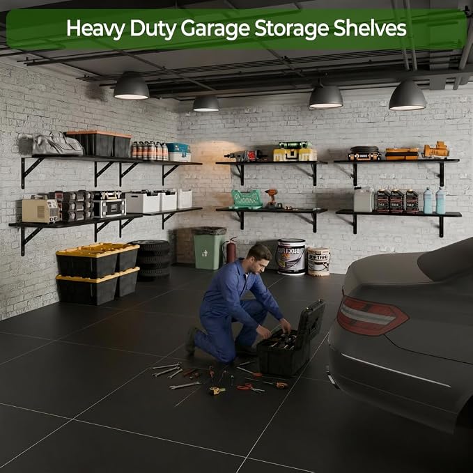 Dogsky 2-Pack Garage Storage Shelving Wall Mounted, 4x2Ft (48x24In) Heavy Duty Wood Floating Wall Shelf, 500lbs Capacity Shelves for Garage, Closets, Utility Rooms and Kitchens, Black