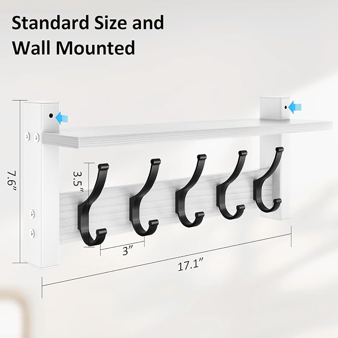 Optish Coat Rack Wall Mount with Shelf, 17.1 Inch Coat Hanger Walls Mounted, Hat Rack for Walls, Shelf with 5 Coat Hooks, Wall Hanger for Entryway (White)