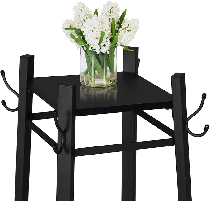 VECELO Coat Rack Freestanding,Hall Tree with Metal Basket and Storage Shelves,Industrial Coat Rack Stand with 8 Hooks for Hanging Coats/Hats/Bags/Umbrellas,18 x 18 x 72 In,Matte Black