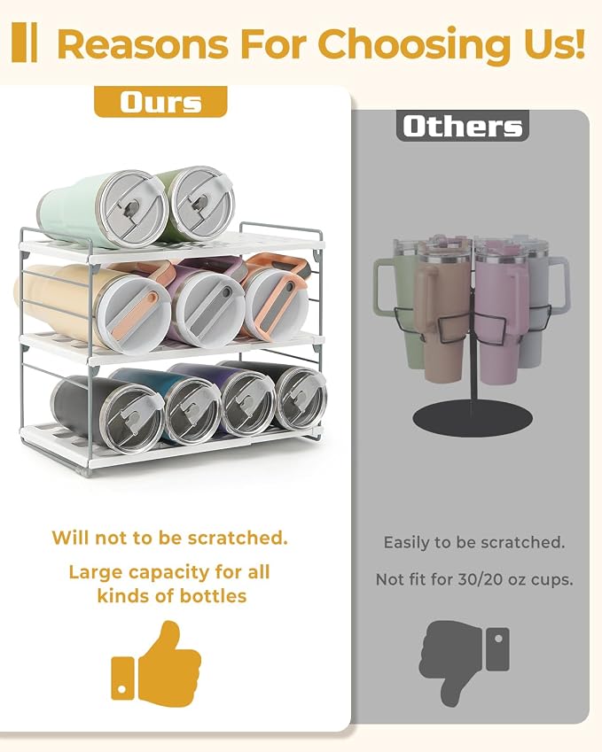 Cirhy 12" Tall 3-Tier Expandable Water Bottle Organizer – Fits 20-40 oz Stanley, Owala, Yeti Tumblers, Shaker Cups & Travel Mugs – Adjustable Storage Rack for Cabinet, Kitchen & Pantry Organization | Adjustable 12" Tall Bottle Rack, Fits 20-40 oz Tumbl...