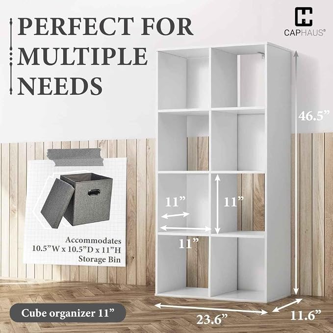 CAPHAUS Sturdy Room 11-Inch Cube Storage Organizer Shelf, with Thick Exterior Edge, Storage Shelf Divider w/Back, Bookcase, 8-Cube, White