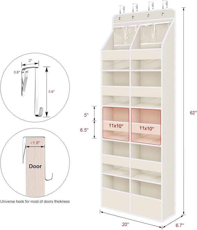Univivi Upgraded Over the Door Organizer for Baby Nursery, Beige, 6-Shelf | Fabric Behind Door Storage with Clear Window Deep Pockets, Over Door Hanging Organizer for Baby Essential, Bedroom, and Dorm