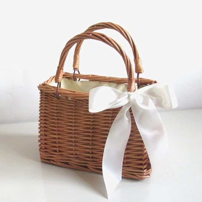 Wicker Storage Basket Handles Handwoven Rattan Organizer for Home Tabletop Use Decorative Wicker Baskets for Blankets and Toys Rustic Style