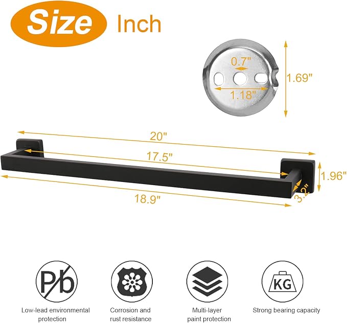 TocTen Bath Towel Rack - Square Base Thicken SUS304 Stainless Steel Towel Bar for Bathroom, Bathroom Accessories Towel Rod Heavy Duty Wall Mounted Towel Holder. (Black, 20)