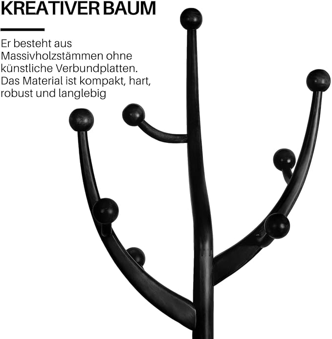 Bekrvio Black Freestanding Wood Coat Rack with 8 Hooks | Tree branch Design, Stable Sphere Base for Entryway, Hallway, Bedroom, Office, Apartment, Foyer; Hangs Coats, Hats, Bags