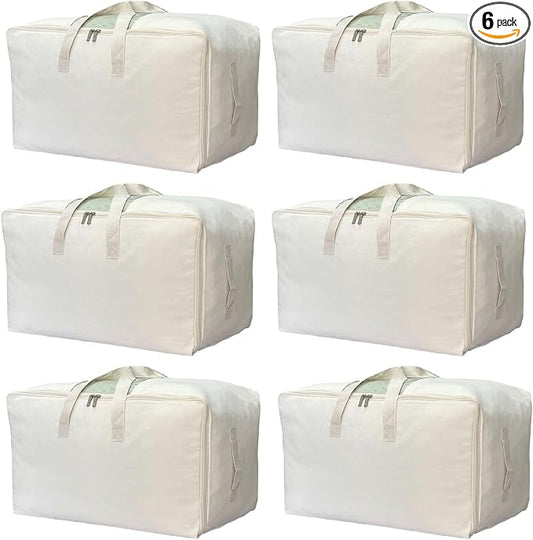 DoYiKe Soft Canvas Clothes Storage Bags with Four Carrying Handles and Clear Window, Closet Organizer for Clothing, Blankets Sheets and Bedding, 55L, 6 Pack, Beige