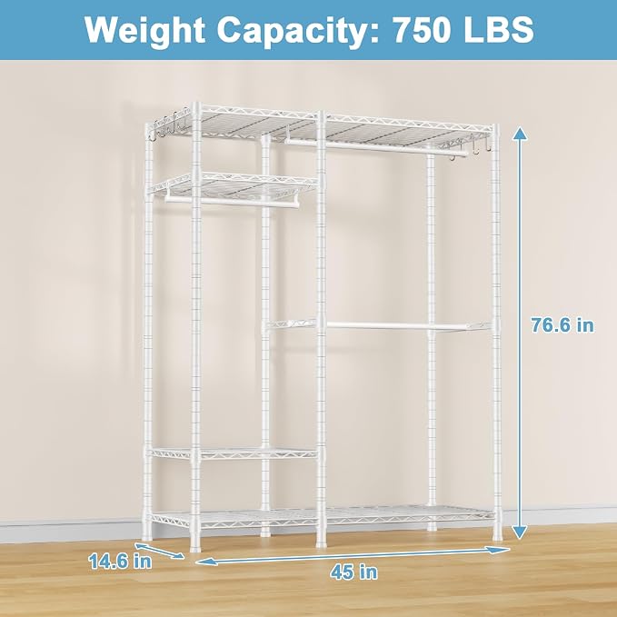 Ulif F7 Medium Clothes Rack, Clothing Racks for Hanging Clothes, Black | Heavy Duty Garment Rack, 6-Tiers Freestanding Portable Closet Storage Racks 45'' W × 14.6'' D × 76.6'' H, Max Load 750 Lbs