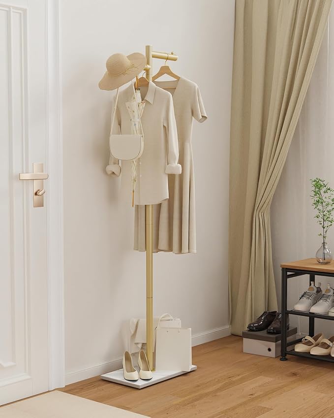 Modern Garment Rack,Z-Shaped Coat Stand with Rock Base,68.9in,Gold | Metal Coat Racks Freestanding with Natural Patterned Base,Easy to Clean Clothes Hangers for Home,Clothing Trees for Office