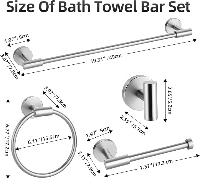 Brushed Nickel Bathroom Hardware Set 10 PCS, Towel Bar Set Brushed Nickel, Bathroom Accessories Fixtures Stainless Steel, Towel Racks for Bathroom, Bathroom Towel Holders, Towel Hooks & Rings, 19in