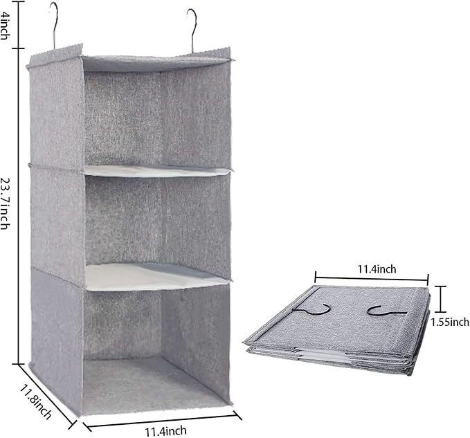 Hanging Closet Organizer 3-Shelf, Oxford Linen Wardrobe Storage, Gray | Easy-mount foldable design holds clothes, handbags, shoes & accessories; washable Oxford fabric, sturdy and space-saving.