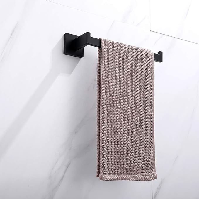 TASTOS Hand Towel Holder Wall Mounted, Square Towel Ring, Matte Black | Stainless Steel Hand Towel Bar for Bathroom and Kitchen, Heavy Duty, Modern design hand Towel Rack, Screw-In, Square Base