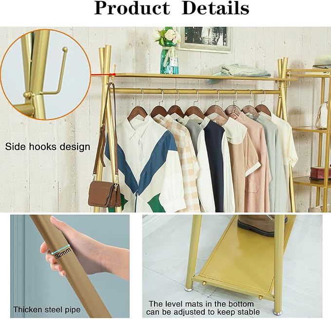 Clothes rack Gold, Freestanding Industrial Garment Rack with Double shelves Multi-functional Bedroom Hanging Clothing Rack,Heavy Duty Coat Rack Organizer for Bedroom Shoes 1 pack (39'' L)