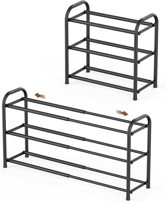 Gonfoam Expandable 3-Tier Shoe Rack for Closet and Entryway, Black | Tool-Free Assembly, Metal Material, Adjustable Shoe Organizer, Sturdy, Small Space Solution, Dorms, Garages, Apartments.