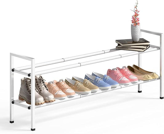 Bumusty 2 Tier Long Expandable Shoe Rack for Closet, White | 18"-44" Adjustable Shoe Rack for Entryway, Shoe Organizer for Dorm, Front Door, Sturdy Metal