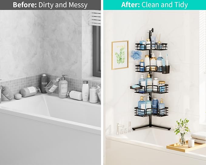 HapiRm Corner Shower Caddy Stand - 4-Tier Adjustable Shower Shelves, Black | Rustproof Stainless Steel, 4 Hooks, Soap and Toothbrush Holders, Large Capacity Shower Organizer for Tall Bottles, No-drill