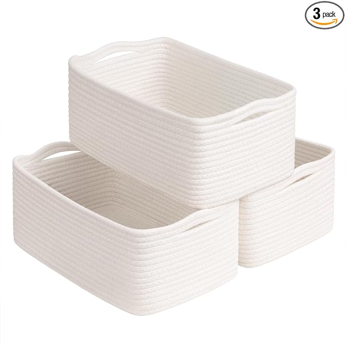 Goodpick 3-Pack Woven Storage Baskets for Organizing, 13 x 8 x 5 in | Empty Baskets for Shelves, Dog Toy Basket, Closet Baskets for Organizing, Empty Baskets for Gifts, White