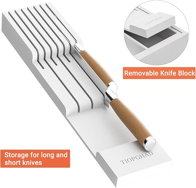 Expandable Bamboo Silverware Drawer Organizer Kitchen Tray, White | Removable Knife Block, Holds 7 Knives, Adjustable Dividers, 12.6-21.45 x 16.3 x 2.13 in, Drawer Insert for Utensils, Forks