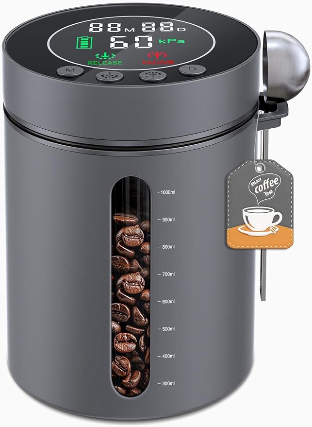 Automatic Vacuum Coffee Canister, 1.3L Airtight Food Storage Container | with Smart Pressure Sensor, Electric Coffee Bean Container Rechargeable with LED Display Window for Home Kitchen Food Storage