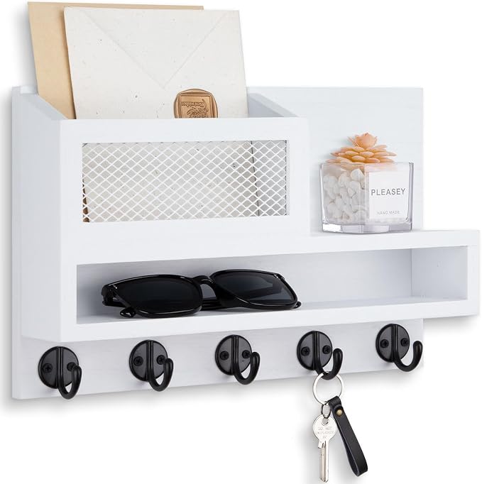Key Holder for Wall, Mail Organizer Wall Mount with Storage Compartment and 5 key Hooks for Coat, Dog Leash, Stylish Mesh Mail Holder, Home Decor Entry Way Organizer