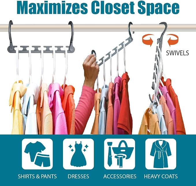 Wonder Hanger Max 20-Pack Space-Saving Hangers, 360° Hooks, Grey | Maximize closet space with 20 assembled cascading hangers and reinforced 360° swivel hooks—ideal for dorms and storage.