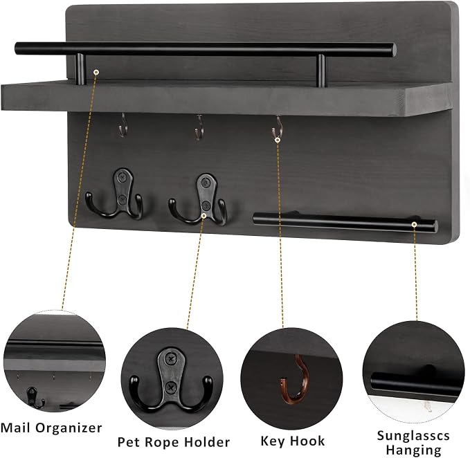 Wooden Key Holder Wall Mount With 5 Hooks For Entryway, Mudroom, Hallway | 2-Tier Design, Supports Up To 20 Lbs, Key Holder with Sturdy Black Metal Rail for Mail Plant Wallet Coat, Homeowners Renters