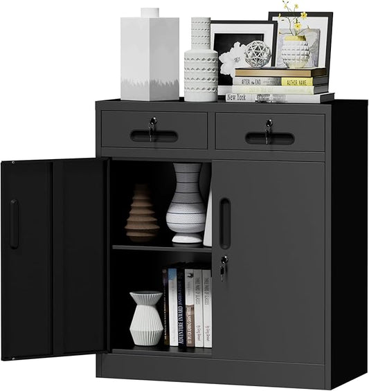 Metal Storage Cabinet with 2 Drawer, 35" Office Storage Cabinets | Garage Storage Cabinet Adjustable Shelves Locking Tool Cabinet Utility Cabinets for Bathroom,Kitchen,Home Office,School,Shop
