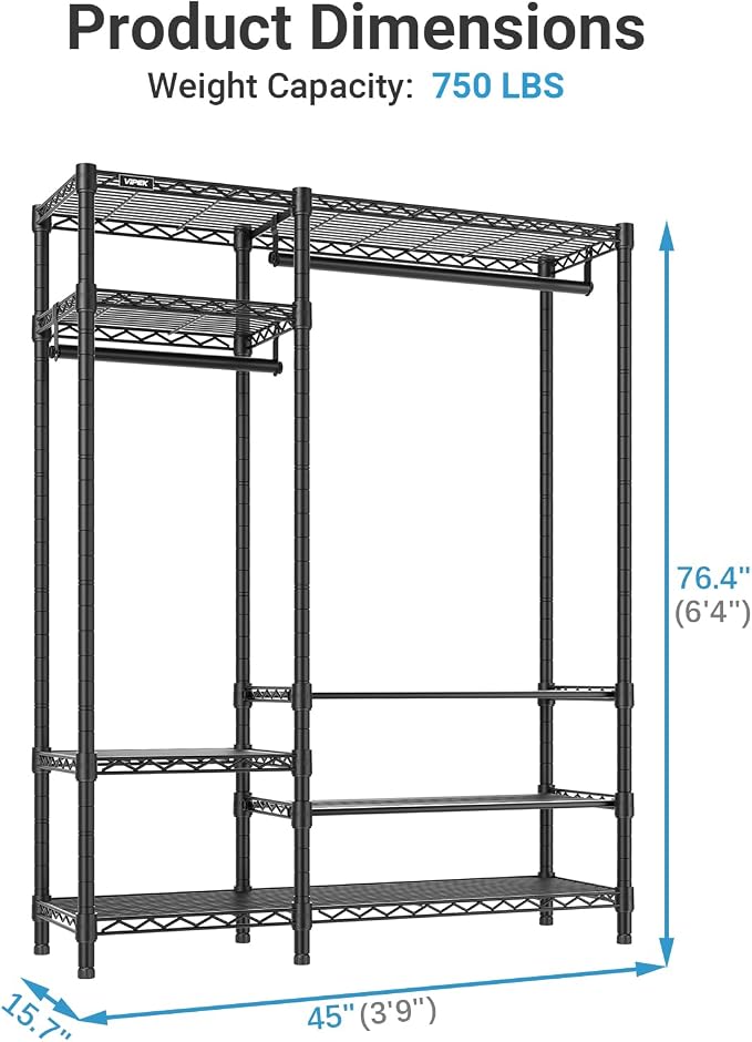 VIPEK V2S Heavy Duty Clothes Rack Portable Closet Organizer, Black | Closet System with 6 Tiers Adjustable Wire Shelves Shoe Shelves Metal Freestanding Clothing Rack for Walk-in Closet 750LBS