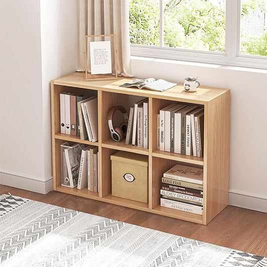 NELYE 6 Cube Organizer Bookcase Oak Open Shelf | Suitable for 11-inch Fabric Storage Bins, Simple Compartments Bookshelf, Holds 20 Lbs per Cube